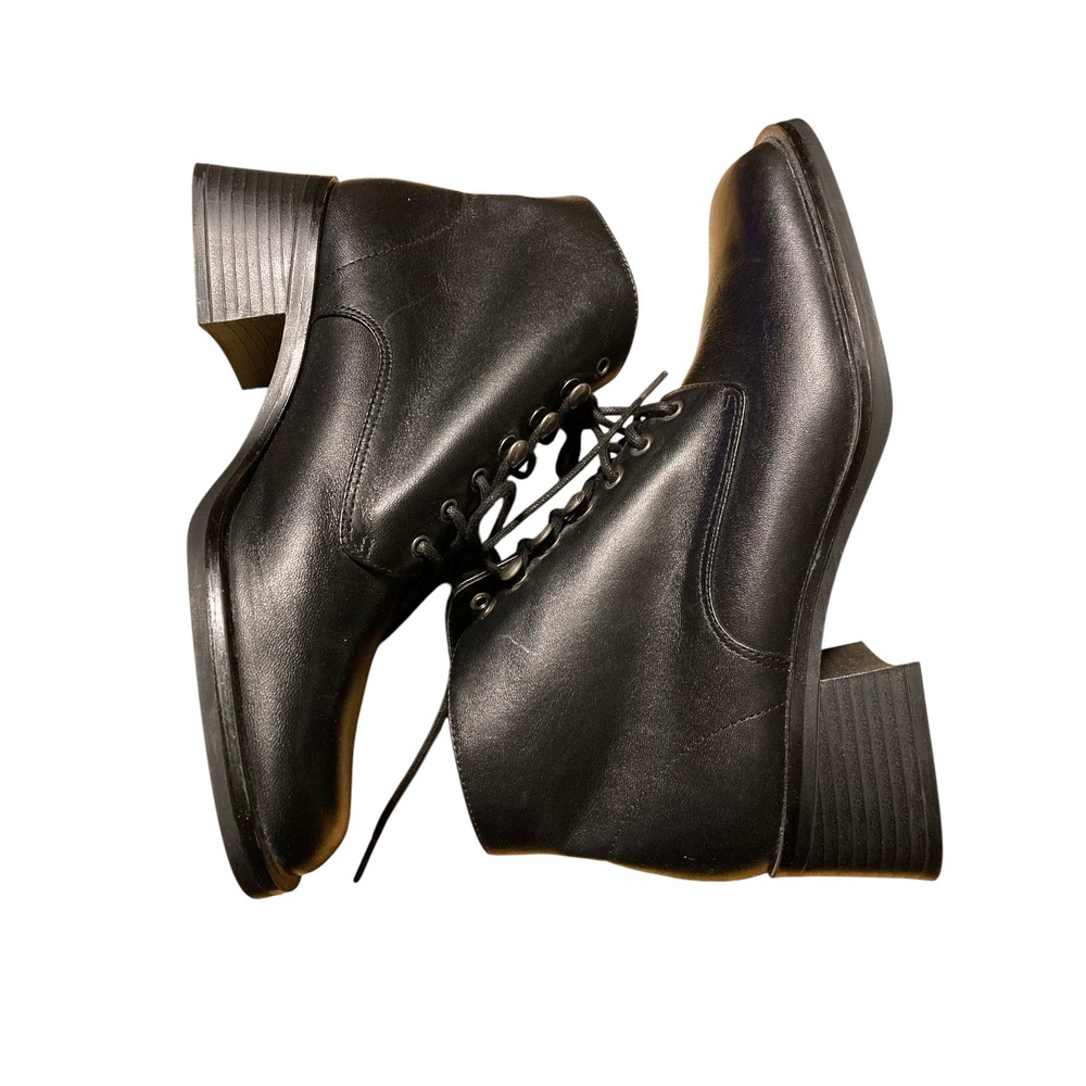 Mootsies Tootsies Black Leather Lace Up Square Toe Block Heel Boots 6.5M Granny